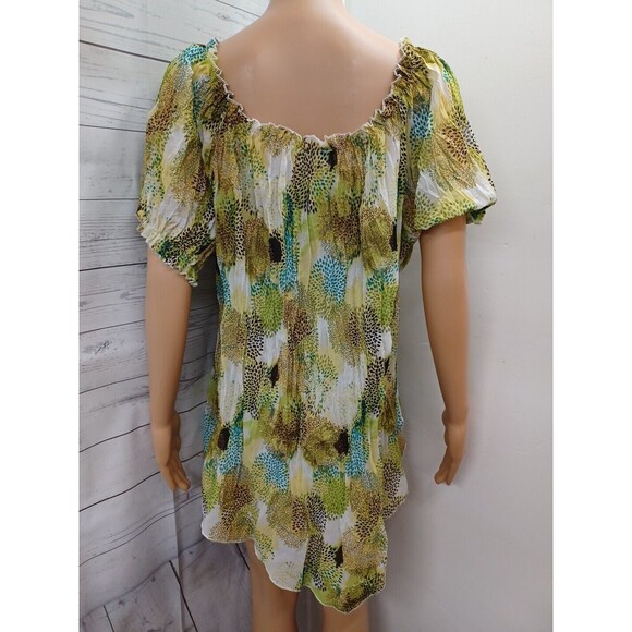 Cato Blouse Pleated Elastic Neck Waist Short Sleeve Green White Black Sz 18/20W - Picture 5 of 10